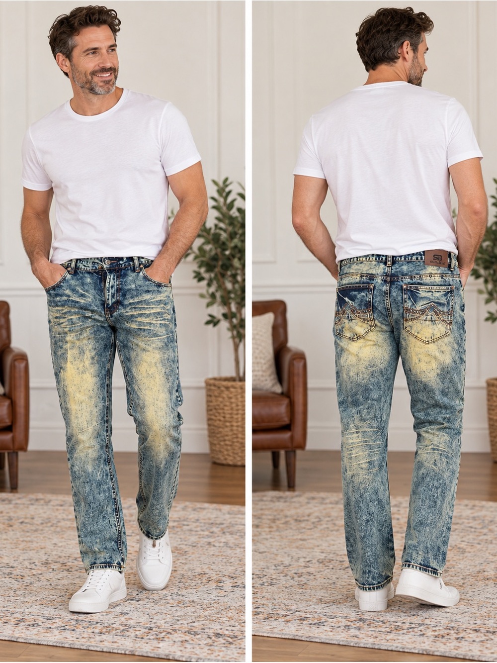 Royal Blue Mens Acid Wash Straight Fit Jeans 44x32 NWT Y2K Streetwear
